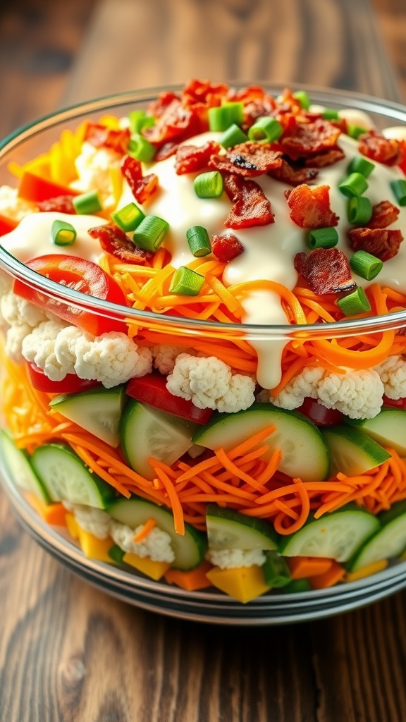 Colorful 7-layer salad with cauliflower, bacon, and assorted vegetables in a glass bowl.